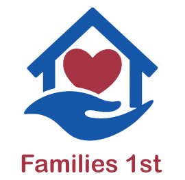logo Blue outline of a home with a red heart in the middle hold by a blue shape of a hand